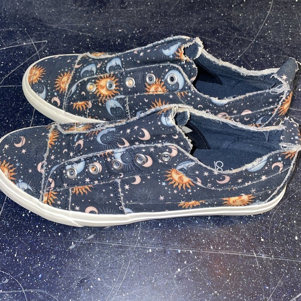 Corkys Women’s Babalu Blue Distressed Effect Blue Stars Suns Moons Slip On Sz 9M - Picture 4 of 9